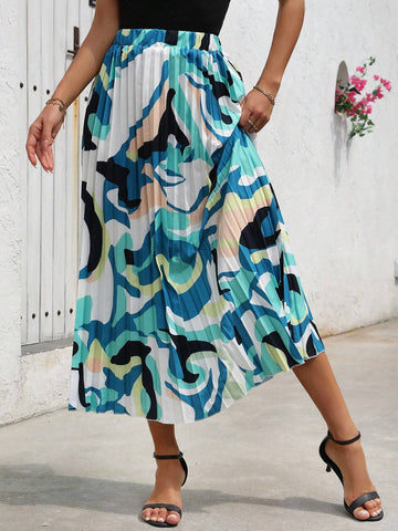Privé Women's Elastic Waist Printed Casual Pleated Skirt