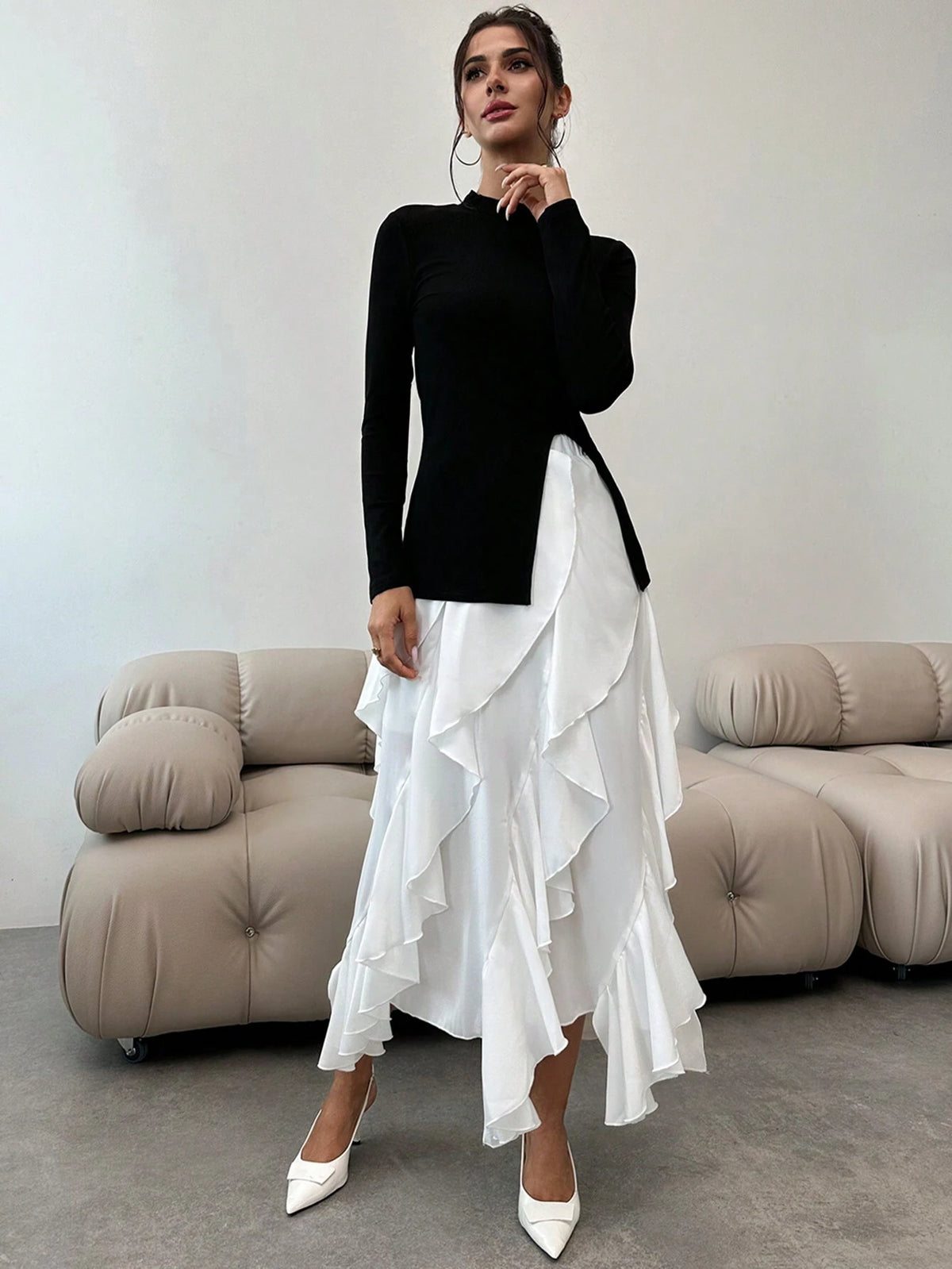 Women's Elegant 2-Piece Set: Fitted Pullover Top With Side Slit + Ruffled Hem Skirt