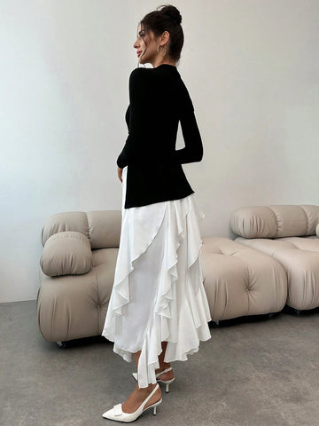 Women's Elegant 2-Piece Set: Fitted Pullover Top With Side Slit + Ruffled Hem Skirt