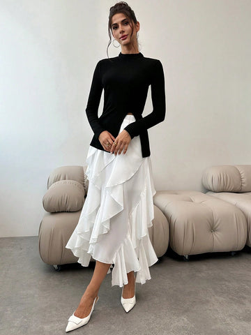 Women's Elegant 2-Piece Set: Fitted Pullover Top With Side Slit + Ruffled Hem Skirt
