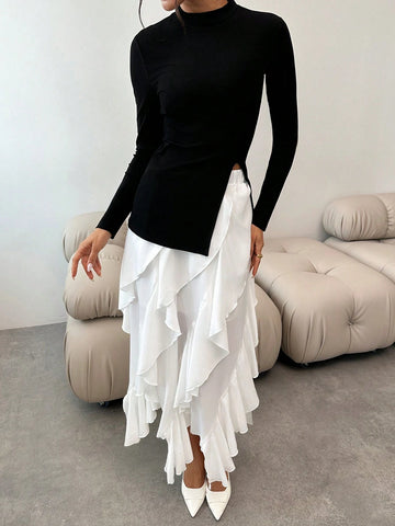 Women's Elegant 2-Piece Set: Fitted Pullover Top With Side Slit + Ruffled Hem Skirt