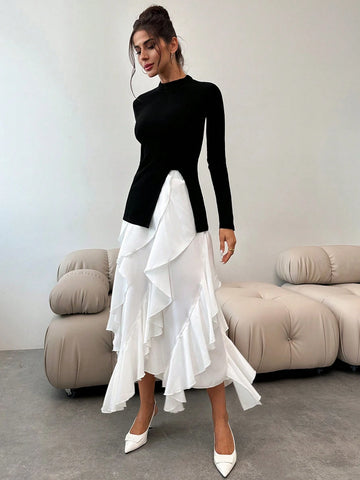Women's Elegant 2-Piece Set: Fitted Pullover Top With Side Slit + Ruffled Hem Skirt