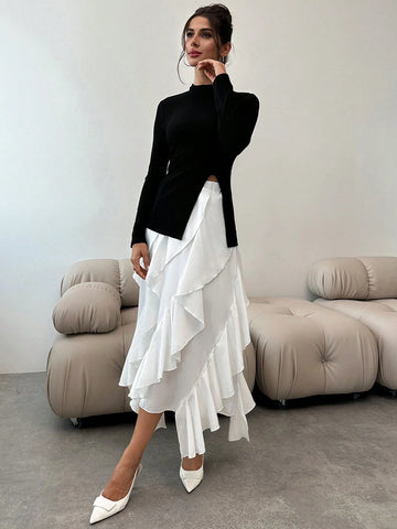 Women's Elegant 2-Piece Set: Fitted Pullover Top With Side Slit + Ruffled Hem Skirt