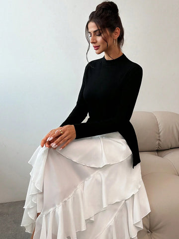 Women's Elegant 2-Piece Set: Fitted Pullover Top With Side Slit + Ruffled Hem Skirt
