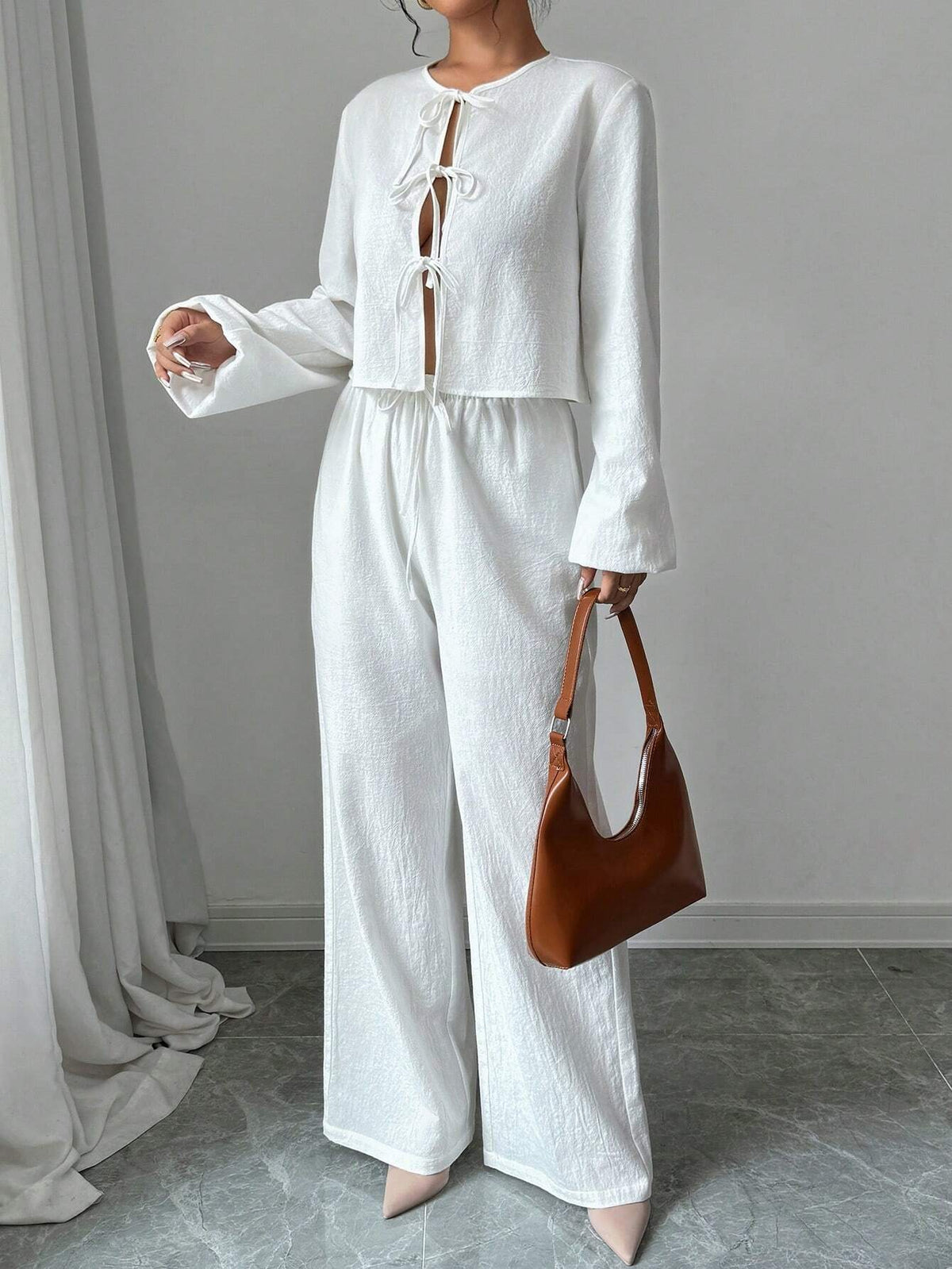 Women's Elegant 2pcs Butterfly Tie Up Cotton Top And Pants Set,Wide-Leg Pants Set,Women's Minimalist Casual Stylish Vacation Tie-Front Loose Blouse & High-Waist Elastic Loose Pants Set ,Autumn/Winter