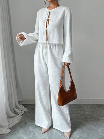 Women's Elegant 2pcs Butterfly Tie Up Cotton Top And Pants Set,Wide-Leg Pants Set,Women's Minimalist Casual Stylish Vacation Tie-Front Loose Blouse & High-Waist Elastic Loose Pants Set ,Autumn/Winter