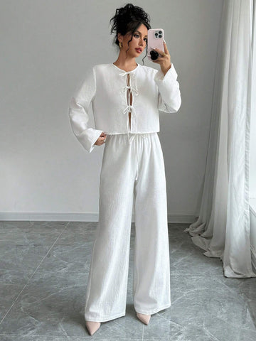 Women's Elegant 2pcs Butterfly Tie Up Cotton Top And Pants Set,Wide-Leg Pants Set,Women's Minimalist Casual Stylish Vacation Tie-Front Loose Blouse & High-Waist Elastic Loose Pants Set ,Autumn/Winter
