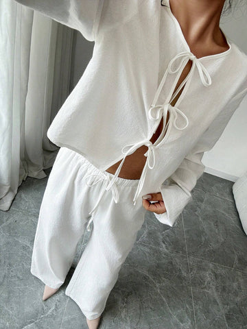 Women's Elegant 2pcs Butterfly Tie Up Cotton Top And Pants Set,Wide-Leg Pants Set,Women's Minimalist Casual Stylish Vacation Tie-Front Loose Blouse & High-Waist Elastic Loose Pants Set ,Autumn/Winter