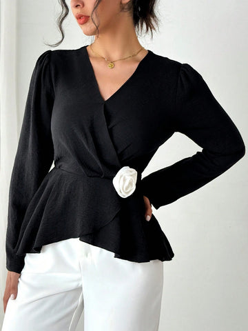 Privé Women's Elegant 3D Floral Decor Long Sleeve Blouse Shirt, Autumn/Winter