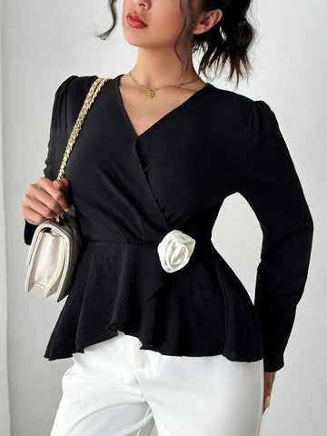 Privé Women's Elegant 3D Floral Decor Long Sleeve Blouse Shirt, Autumn/Winter