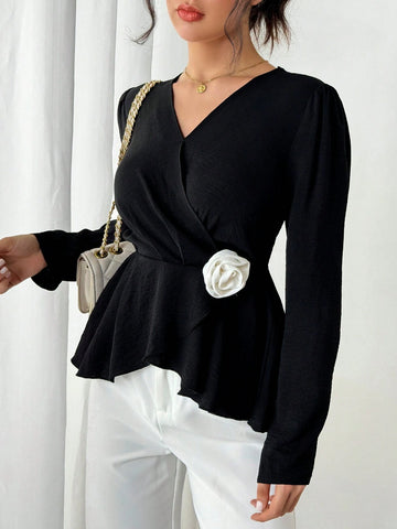 Privé Women's Elegant 3D Floral Decor Long Sleeve Blouse Shirt, Autumn/Winter