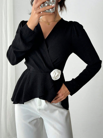 Privé Women's Elegant 3D Floral Decor Long Sleeve Blouse Shirt, Autumn/Winter