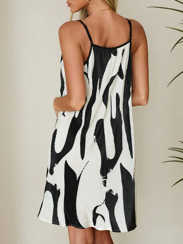 Women's Elegant And Fashionable Black And White Printed Spaghetti Straps Loose Casual A-Line Hem Summer Short Dress