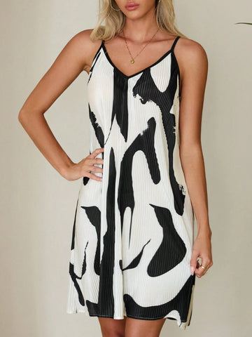 Women's Elegant And Fashionable Black And White Printed Spaghetti Straps Loose Casual A-Line Hem Summer Short Dress