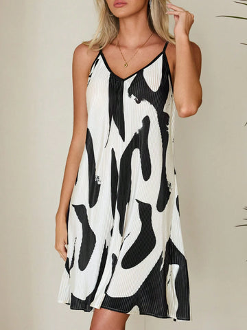 Women's Elegant And Fashionable Black And White Printed Spaghetti Straps Loose Casual A-Line Hem Summer Short Dress