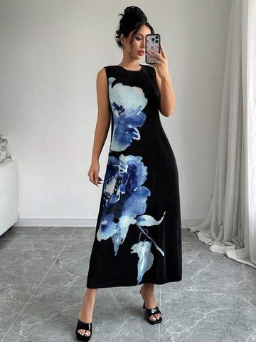 Women's Elegant And Romantic Printed Pleated Sleeveless Loose Summer Dress ,Bachelorette