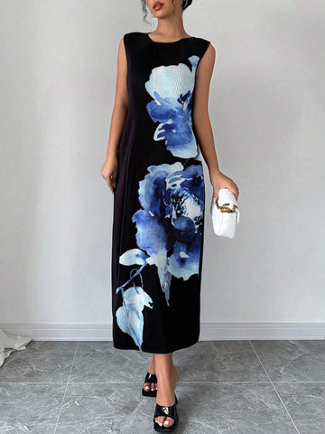 Women's Elegant And Romantic Printed Pleated Sleeveless Loose Summer Dress ,Bachelorette
