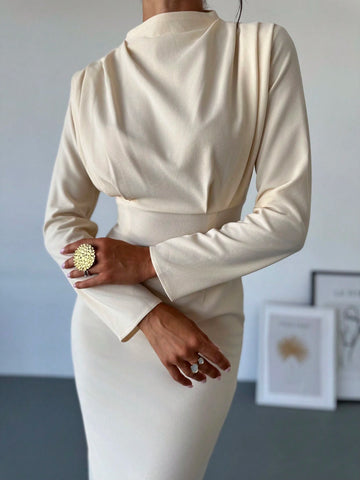 Women's Elegant Apricot Tied Collar Long Sleeve Dress With Waist Ruching Detail
