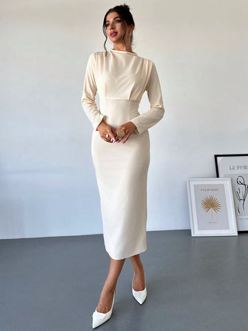 Women's Elegant Apricot Tied Collar Long Sleeve Dress With Waist Ruching Detail