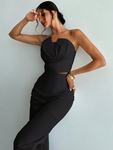 Women's Elegant Asymmetrical Fitted Bandeau Top & High Waist Faux Bone Straight Leg Pants