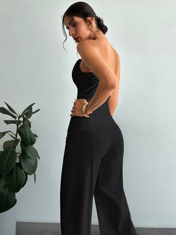 Women's Elegant Asymmetrical Fitted Bandeau Top & High Waist Faux Bone Straight Leg Pants