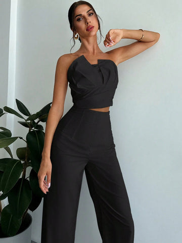 Women's Elegant Asymmetrical Fitted Bandeau Top & High Waist Faux Bone Straight Leg Pants