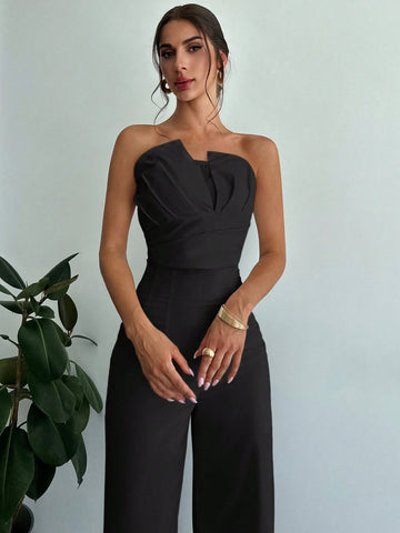 Women's Elegant Asymmetrical Fitted Bandeau Top & High Waist Faux Bone Straight Leg Pants