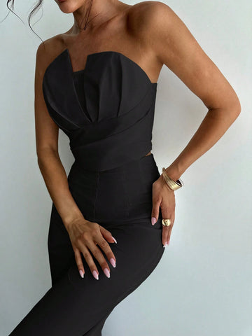 Women's Elegant Asymmetrical Fitted Bandeau Top & High Waist Faux Bone Straight Leg Pants