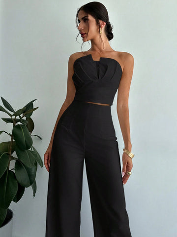 Women's Elegant Asymmetrical Fitted Bandeau Top & High Waist Faux Bone Straight Leg Pants
