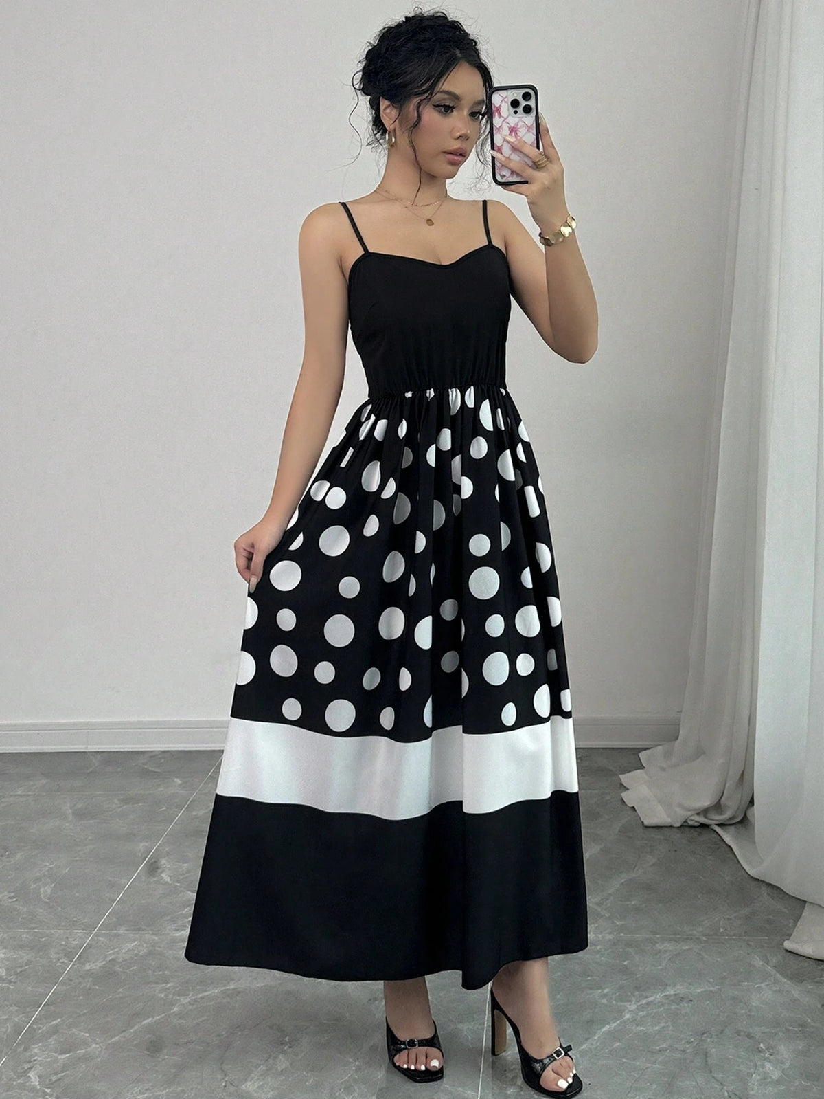 Women's Elegant Black And White Polka Dot Spaghetti Strap Maxi Dress, Summer SKU: sz2407054872530266