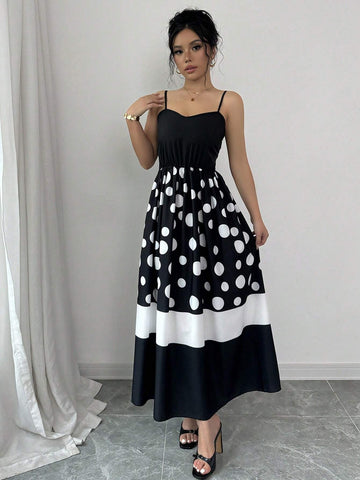 Women's Elegant Black And White Polka Dot Spaghetti Strap Maxi Dress, Summer SKU: sz2407054872530266