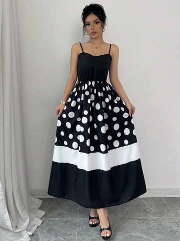 Women's Elegant Black And White Polka Dot Spaghetti Strap Maxi Dress, Summer SKU: sz2407054872530266