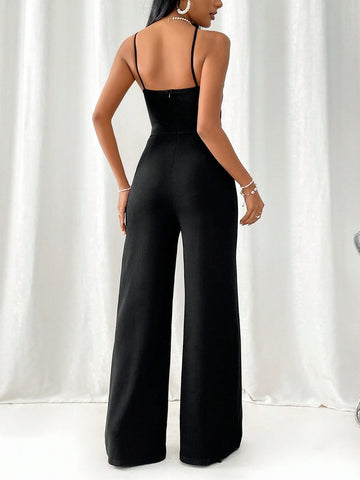 Women's Elegant Black Jumpsuit With Skinny Straps, Small V-Neckline, High Waist And Straight Leg Design, Suitable For Commuting And Parties