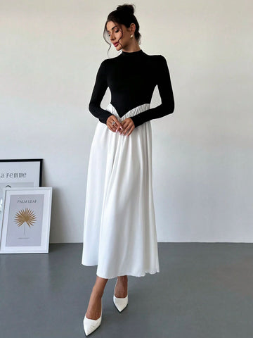 Women's Elegant Chic Commute Fashion Black & White Patchwork Turtleneck Long Sleeve Bodycon