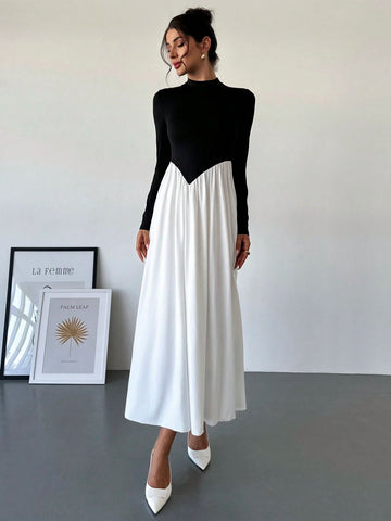 Women's Elegant Chic Commute Fashion Black & White Patchwork Turtleneck Long Sleeve Bodycon