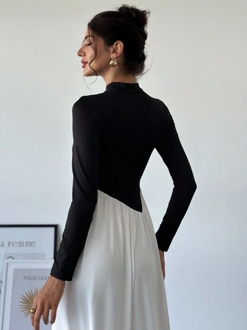 Women's Elegant Chic Commute Fashion Black & White Patchwork Turtleneck Long Sleeve Bodycon