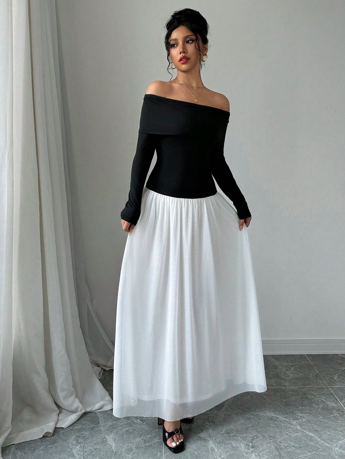 Women's Elegant Colorblock Off-The-Shoulder Long Sleeve Dress, Spring Summer
