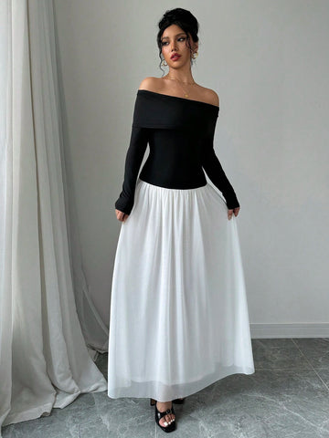 Women's Elegant Colorblock Off-The-Shoulder Long Sleeve Dress, Spring Summer