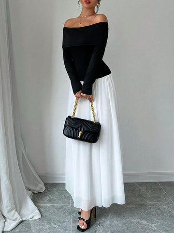 Women's Elegant Colorblock Off-The-Shoulder Long Sleeve Dress, Spring Summer