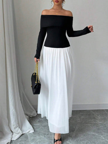 Women's Elegant Colorblock Off-The-Shoulder Long Sleeve Dress, Spring Summer