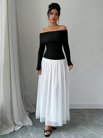 Women's Elegant Colorblock Off-The-Shoulder Long Sleeve Dress, Spring Summer