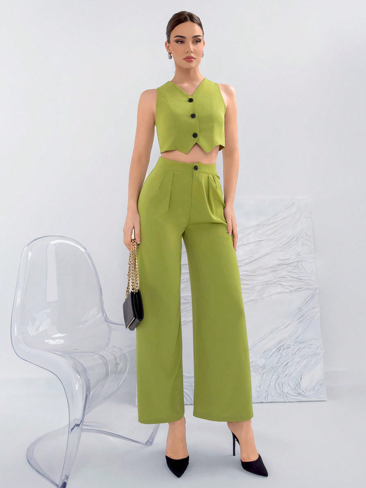 Women's Elegant Commuter Style Vest & Pleated Pants Suit Set