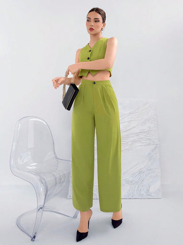 Women's Elegant Commuter Style Vest & Pleated Pants Suit Set