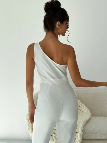 Women's Elegant Commuting Romantic Date Asymmetrical Waist White Wide Leg Jumpsuit