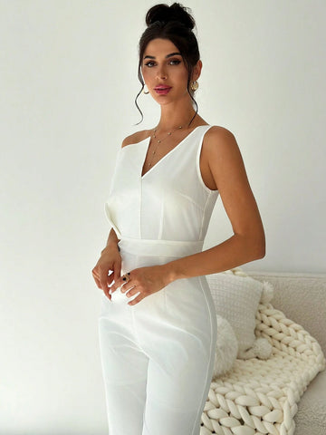 Women's Elegant Commuting Romantic Date Asymmetrical Waist White Wide Leg Jumpsuit