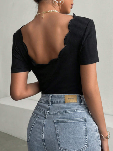 Women's Elegant Commuting Simple Versatile Casual Summer Round Neck Curved Hem Short Sleeve Black Jumpsuit