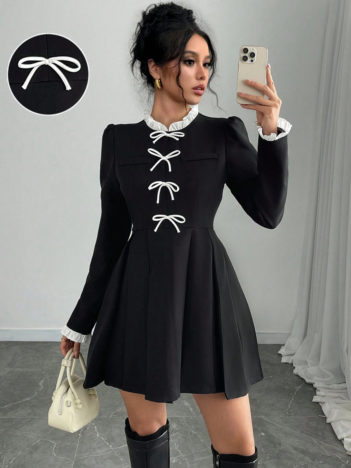 Women's Elegant Contrast Color 2 In 1 Casual Long Sleeve Short Dress, With Pleated Design