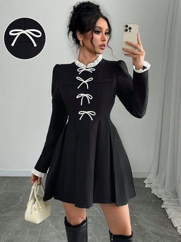 Women's Elegant Contrast Color 2 In 1 Casual Long Sleeve Short Dress, With Pleated Design