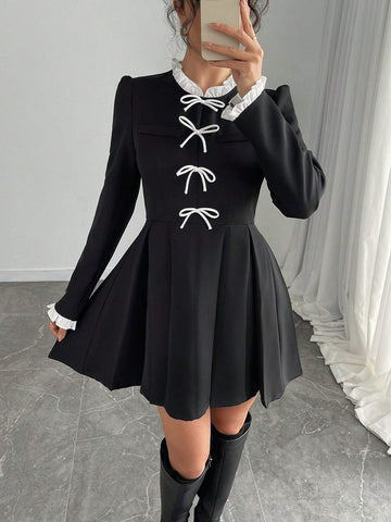 Women's Elegant Contrast Color 2 In 1 Casual Long Sleeve Short Dress, With Pleated Design