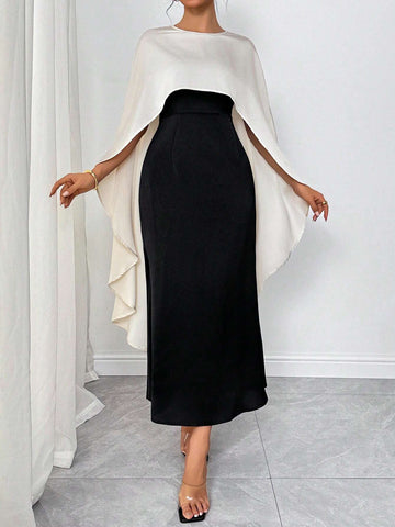 Women's Elegant Contrast Color Waist Cinched Dress, Summer